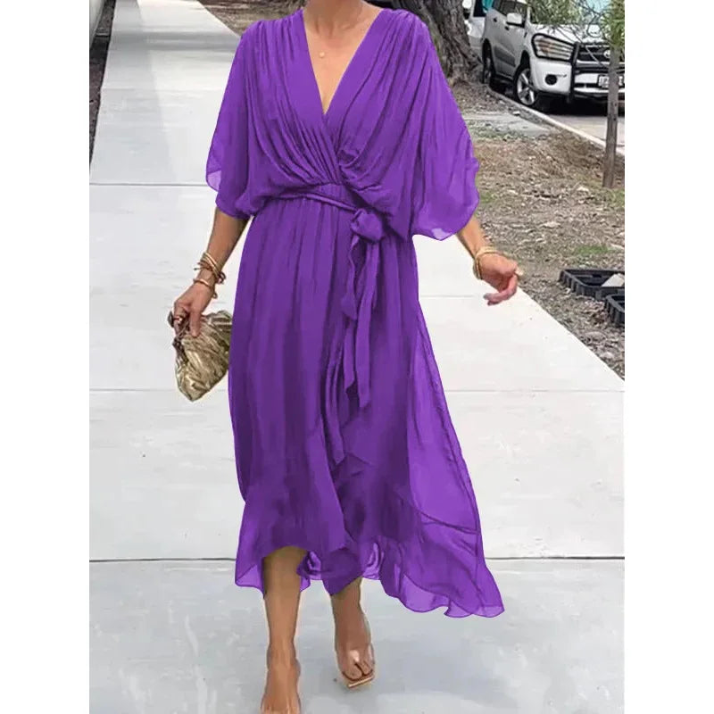 Robe Longue Femme en Mousseline de Soie avec Décolleté en V – Élégance Intemporelle